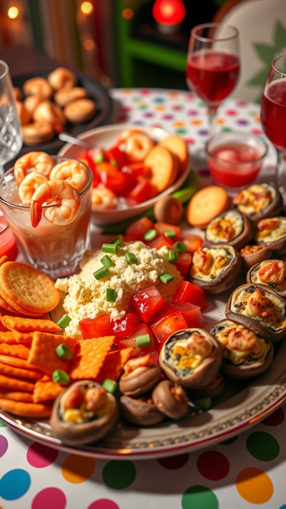 A colorful spread of 60s party appetizers including shrimp cocktail, cheese ball, and stuffed mushrooms on a retro-themed table.